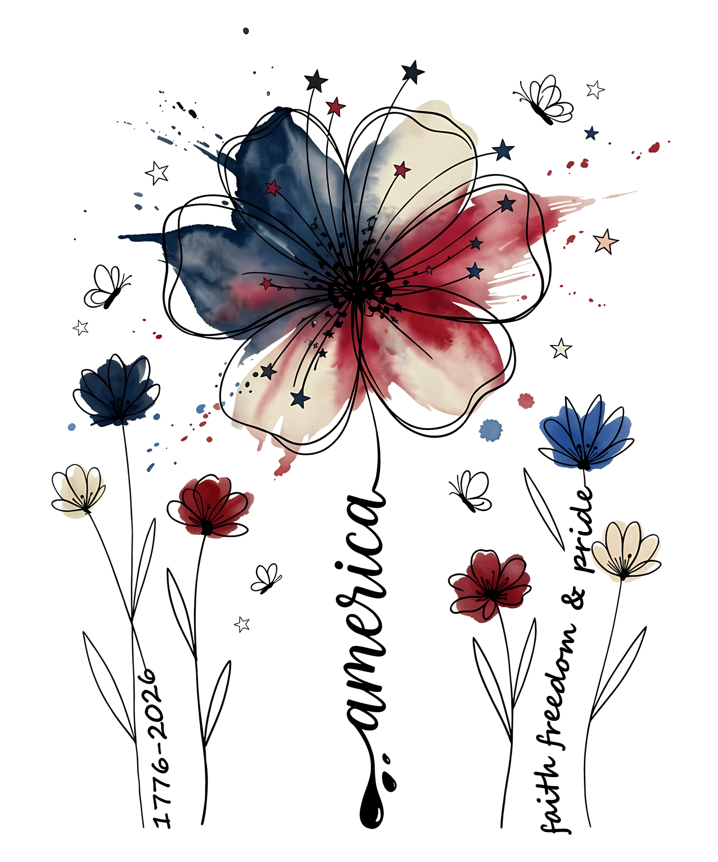 America 250 w/ Watercolor Flower – Adult Tee